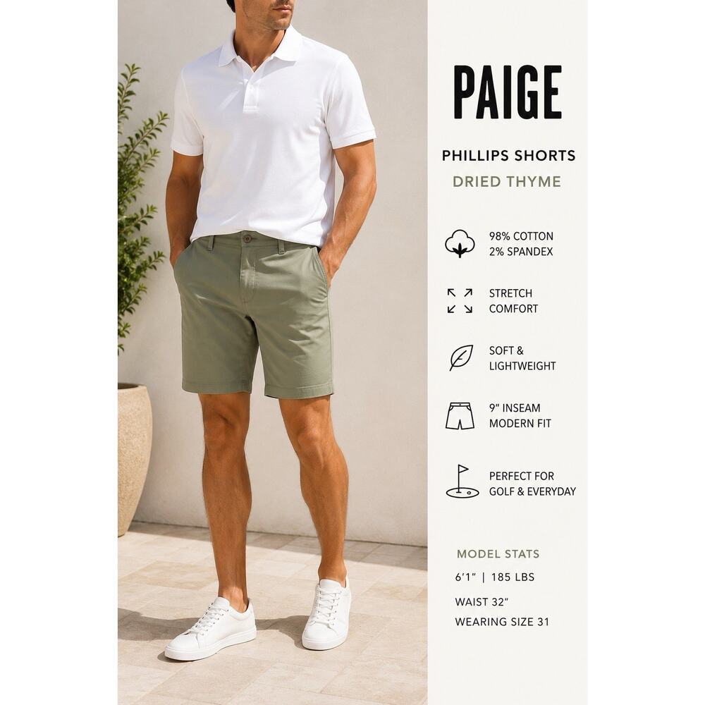 Paige Phillips Shorts Mens 31 Dried Thyme Flat Front Stretch Cotton Golf Chinos